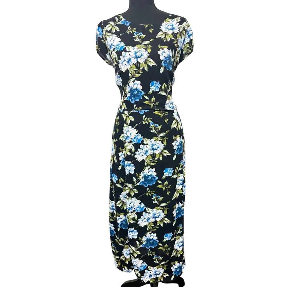 Banana Republic Floral Midi Dress Womens 14 Black Blue Keyhole Smocked Rayon